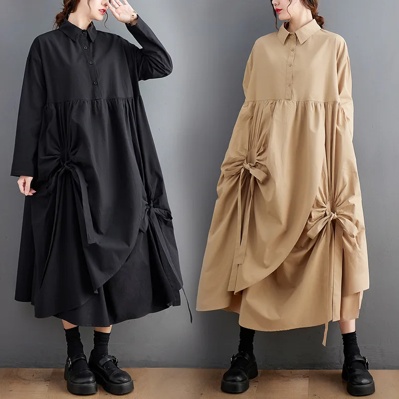 

2022 Spring and autumn new loose lace in the long literary vintage long sleeve shirt dress female