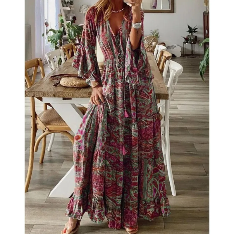 

2023 Autumn Women's New Fresh Sweet And Fashionable Flare Sleeves Printed V-neck High Waist Large Hem Fragmented Flower Dress