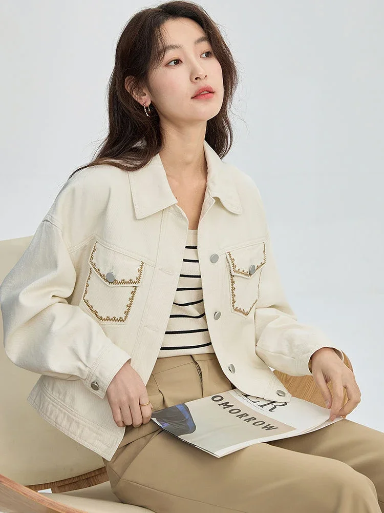 Женская джинсовая куртка с вышивкой бежевая Повседневная однобортная Ceketler