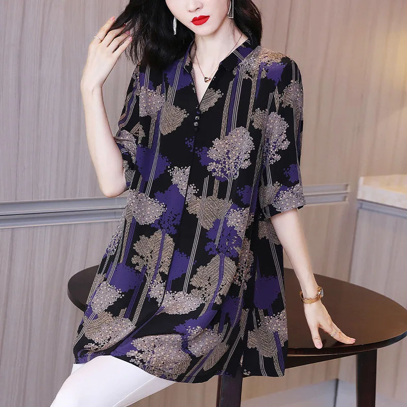 Silk shirt women's new 2021 spring and autumn short-sleeved mid-length shirt loose mulberry silk top women  Chiffon