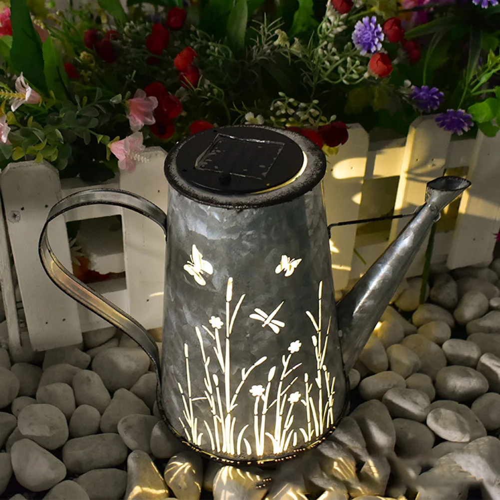 

Solar Watering Can Light Garden Decoration Outdoor Retro Hollow-out Iron Kettle Shape Lantern Decorative Light for Yard Patio