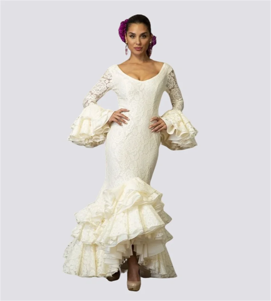 

Spanish Ivory Flamenca Evening Gowns Elegant Mermaid Lace Dance Prom Dress 2023 Long Sleeve Tiered Ruffles Formal Occasion Party