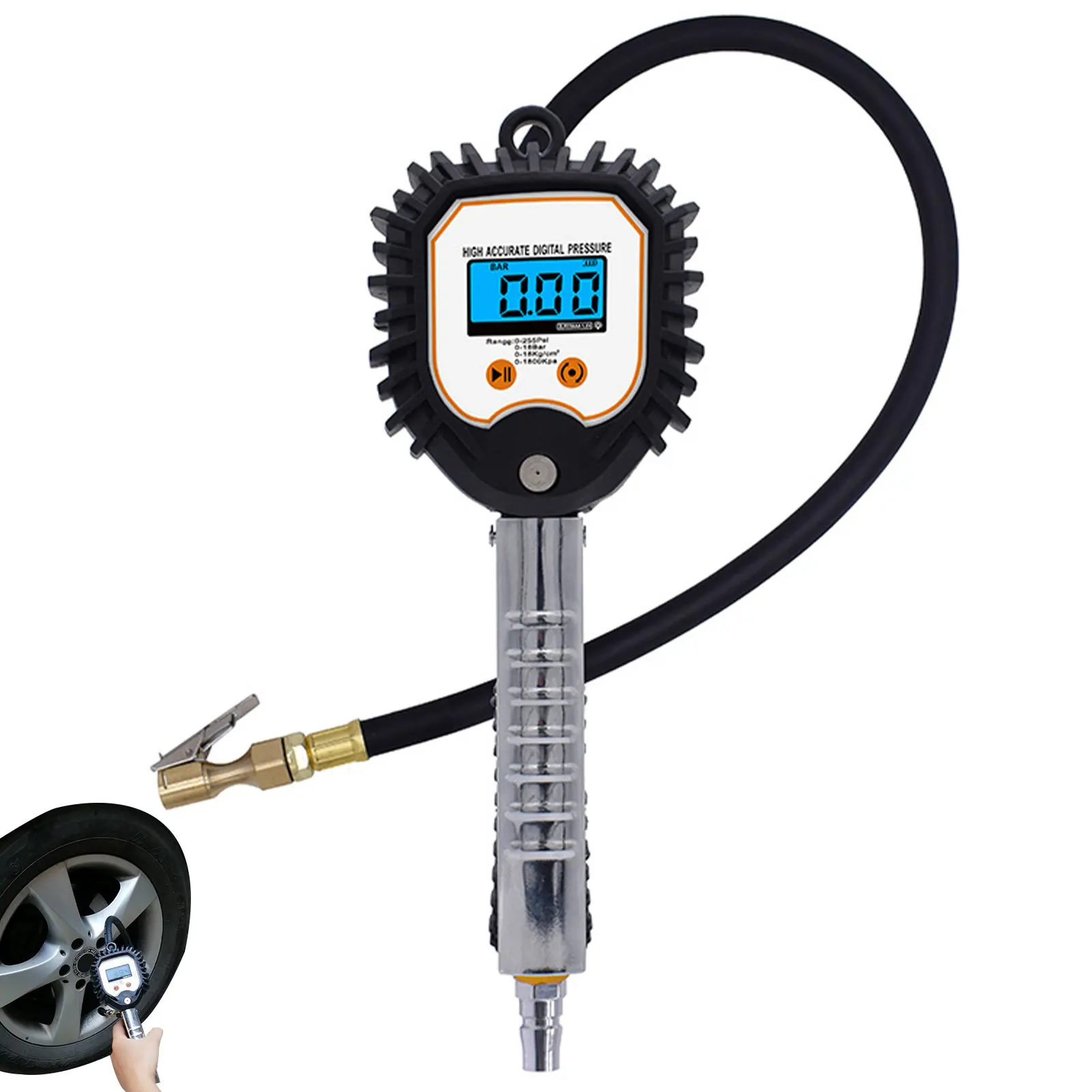 

Tire Pressure Gauge Heavy Duty 255 PSI Air Compressor Tire Inflator Attachment Tyre Pressure Gauge With Backlit LCD Screen Air