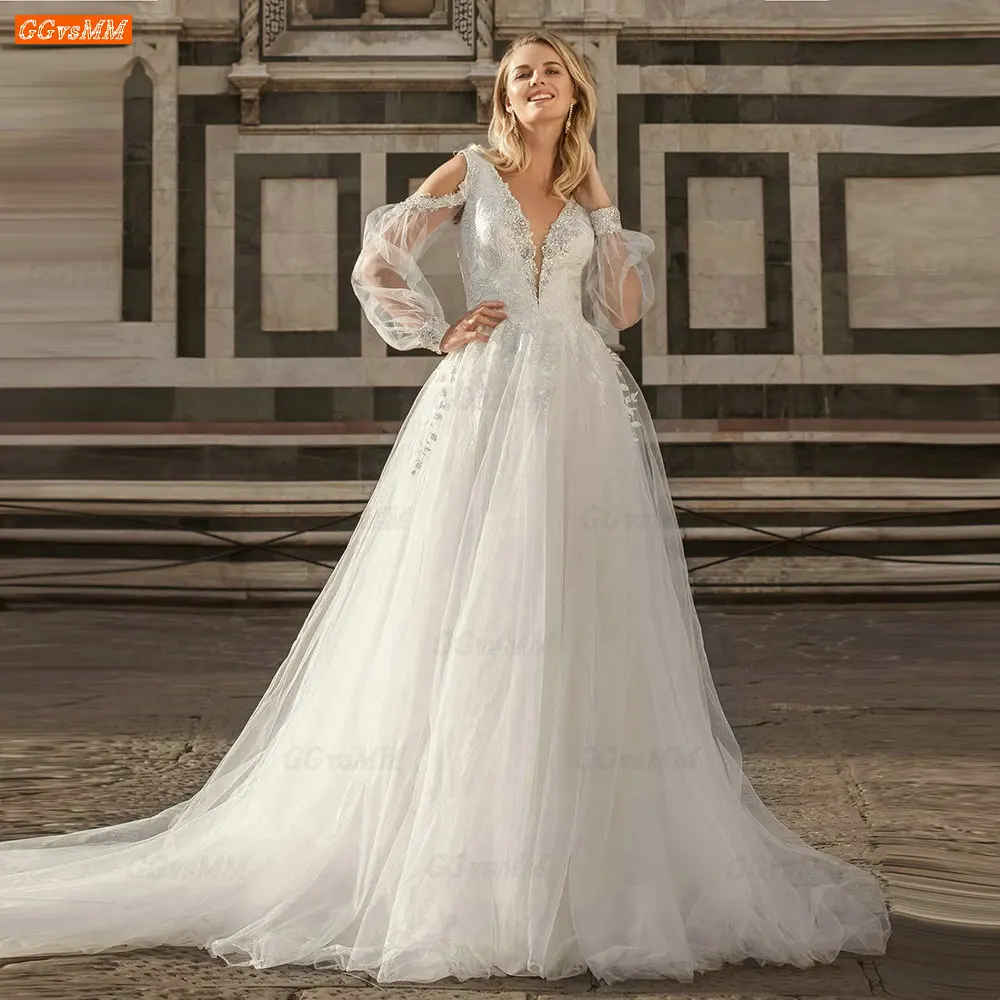 

Elegant Bohemian Wedding Dress Long Puff Sleeves Bride Gowns A Line Tulle Appliqued Vestido De Noiva Factory Custom Trouwjurk