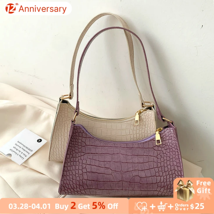 

Vintage Ladies Armpit Bag New Design Crocodile Pattern Women Baguette Handbags Girls Leather Shoulder Bag Evening Clutch Purse