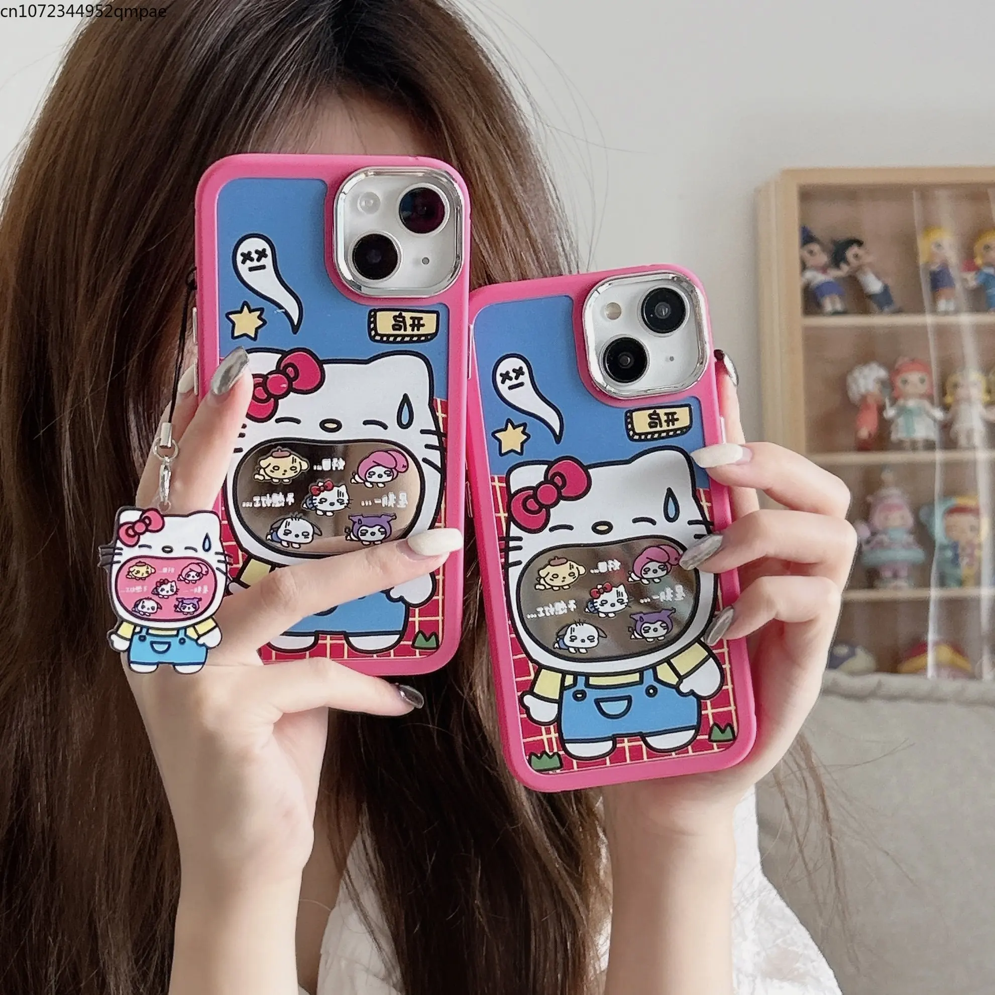

Cartoon Sanrio Hello Kitty Luxury Mirror Film with Pendant Phone Case for IPhone 14 13 12 11 Pro Max 14 Pro Anti-drop Back Cover