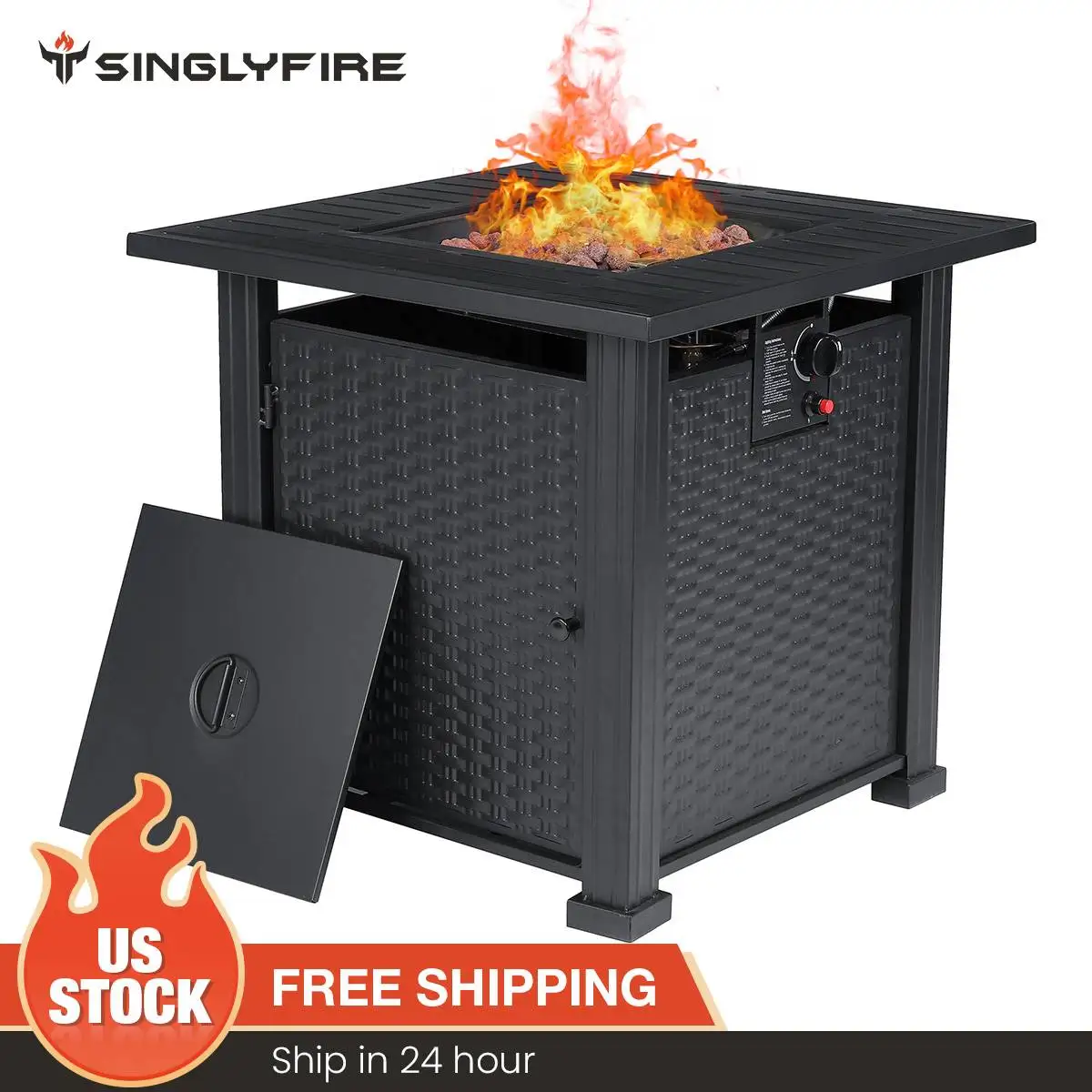 

SinglyFire Outdoor Gas Fire Pit Table 28in 50,000 BTU Square Outdoor Propane Fire Pit Table with Lid and Blue Fire Glass Black