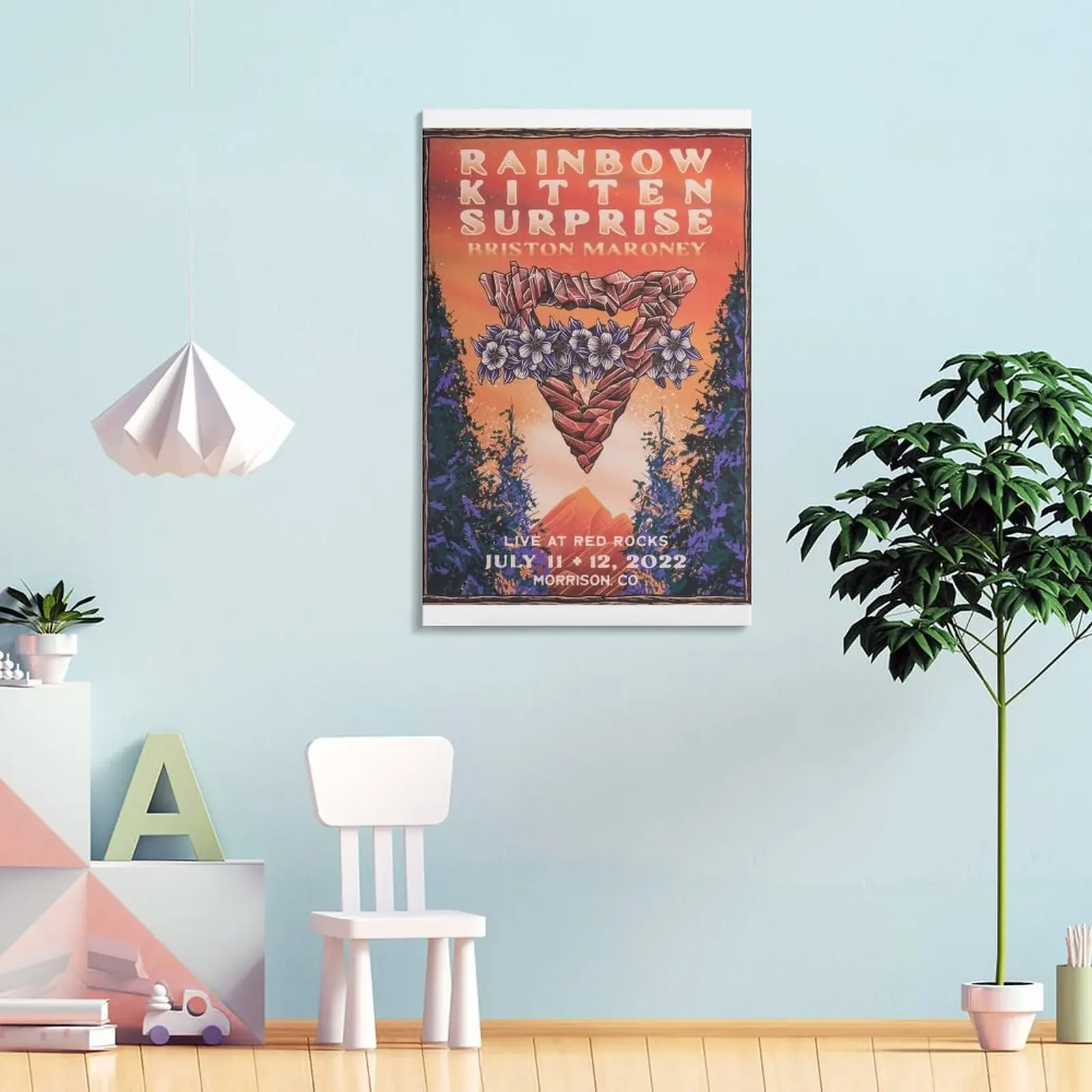 Радужный котенок сюрприз на красной скале волшебная луна зеленая Картина холсте