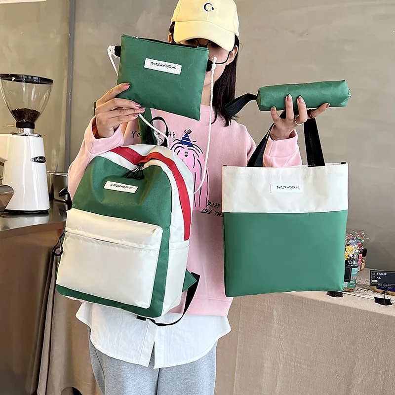 

4 PCS Backpack Solid Color Backpack Large Capacity Contrasting Color Personalized Nylon Student Backpack