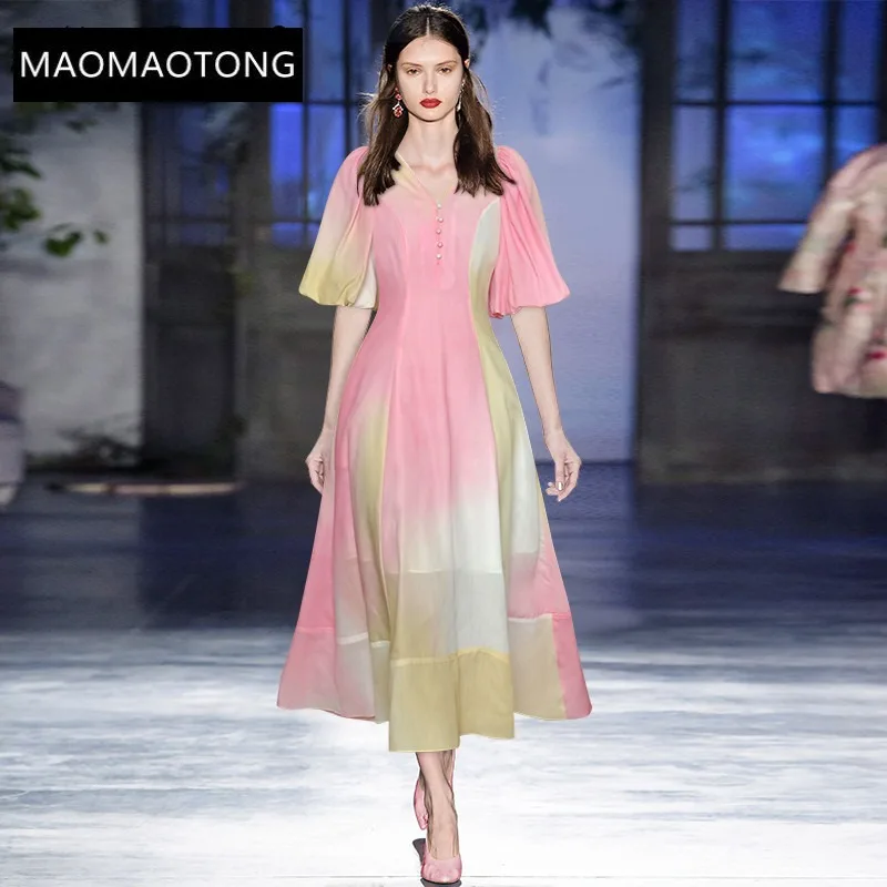 

Fashion Designer Spring dress Women Round Neck Half Sleeve Single Breasted Grace Casual Blue Mid-Calf Dress