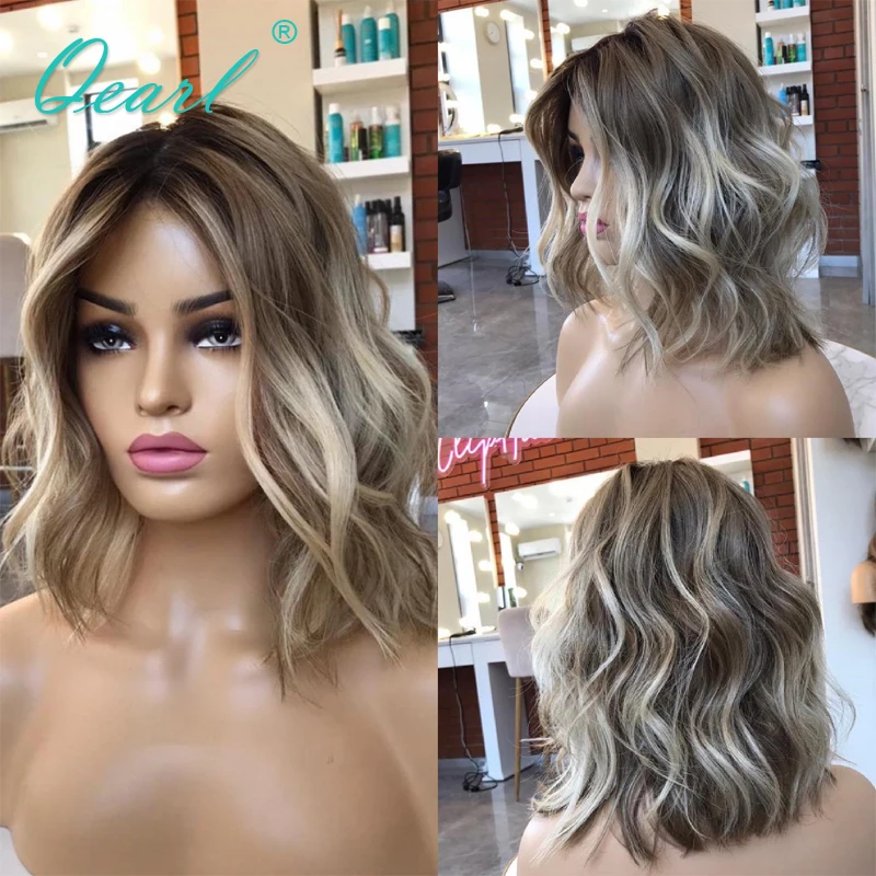 Bob Lace Front Wig Human Hair Loose Wavy Cheaper Natural Lace Frontal Wig Ash Brown with Light Blonde Highlights Remy 180% Qearl
