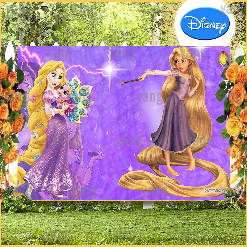 Disney Tangled Rapunzel Backdrop Decoration Kids Birthday Background Purple Long Hair Princess Photography Free Customize Props