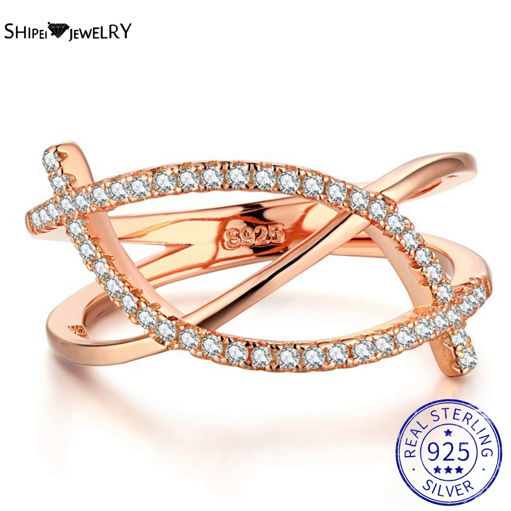 

Shipei 100% 925 Sterling Silver Created Moissanite Gemstone Personality Cross Rose Gold Ring For Women Fine Jewelry Wholesale