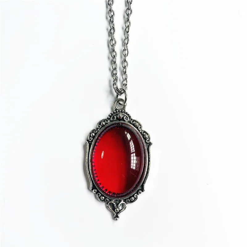 

Gothic Retro Red Black Quartz Crystal Embossed Necklace Women's Antique Silver Plated Fashion Jewelry Christmas Gift