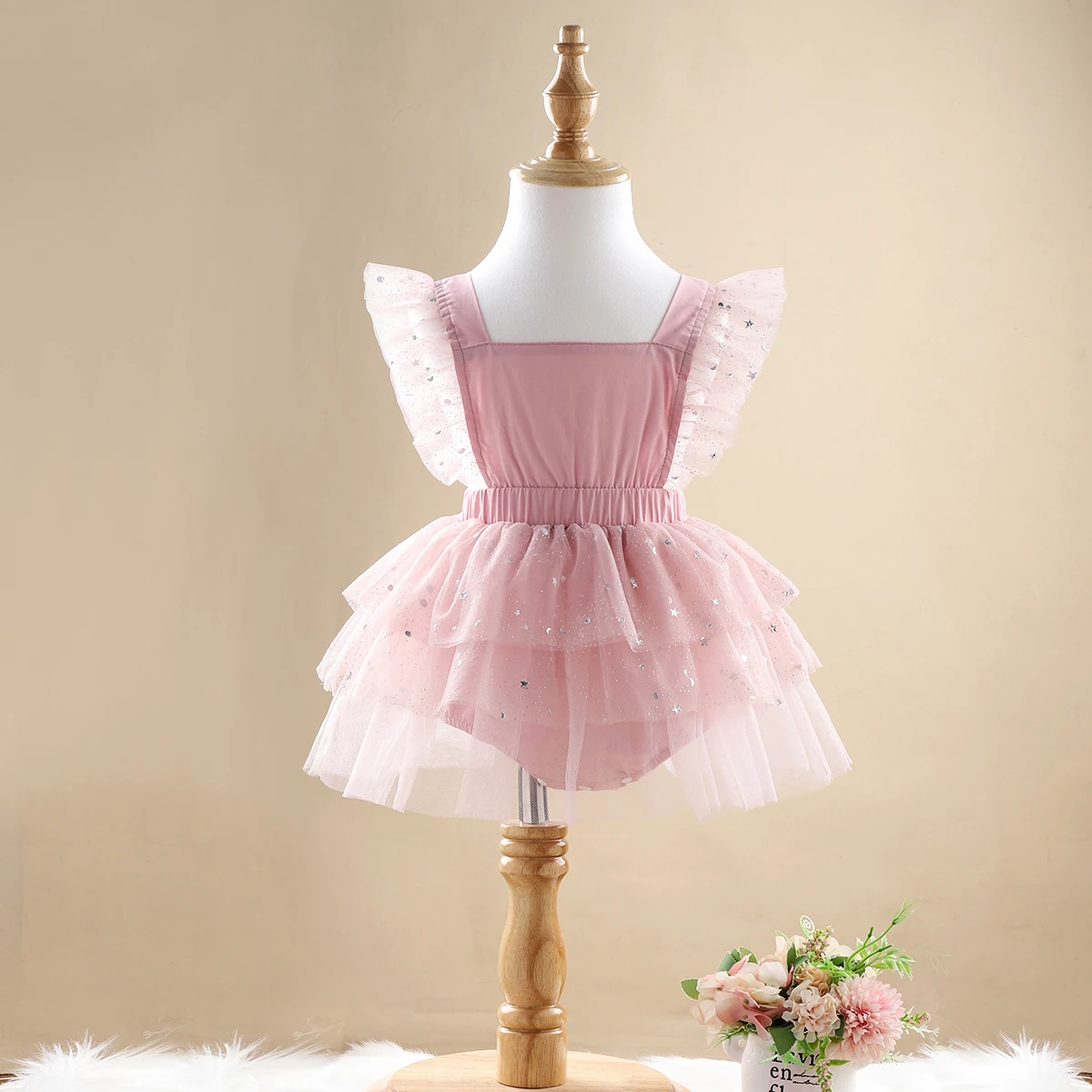 

0-18M Princess Baby Girls Romper Dress Star Sequined Printed Mesh Fly Sleeve Lace Patchwork Jumpsuits