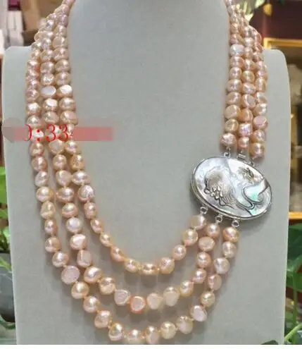 

natural 3Rows 8-9mm Australian south sea gold pink pearl necklace beauty shell flower clasp 17inch-20inch