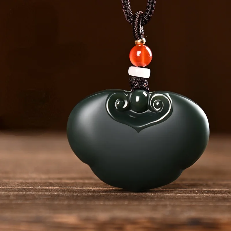 

New Natural Hetian Cyan Jade Carving Ruyi Lock Black Green Pendant Jadeite Charm Necklace Exquisite Jewelry Men Women with Chain