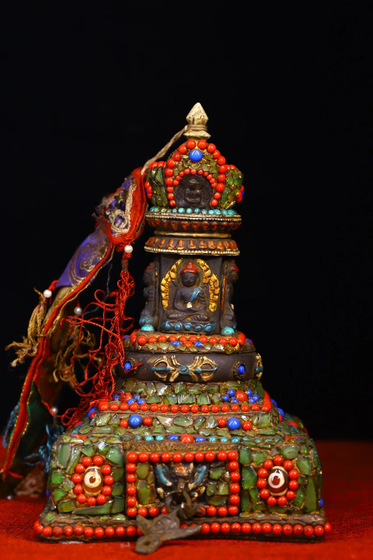 

9"Tibetan Temple Collection Old Bronze Mosaic Gem Day bead Sakyamuni Stupa pagoda Amulet Dharma Town House Exorcism