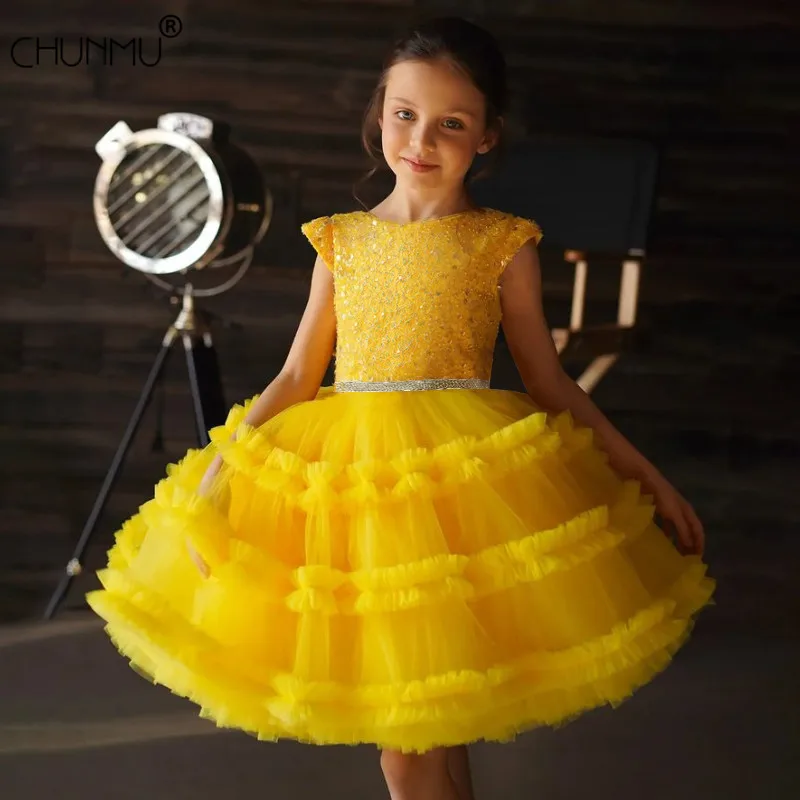 

Flower Baby Girls Dress Sequin Stitching Wedding Party Dresses Formal First Communion Children Party Costumes Kids Baby Clothing