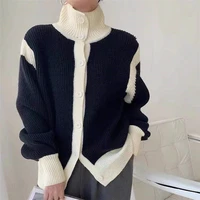 contrast color turtleneck sweater womens clothing 2022 spring and autumn loose soft waxy lazy striped knitted cardigan coat top