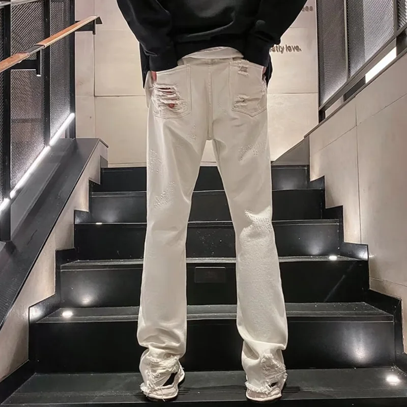 Streetwear Men 2022 New Recreational Comfortable Black Ripped Jeans Loose Temperament Versatile Micro Flare Pants Autumn Female