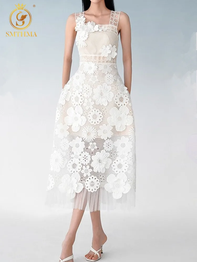 

SMTHMA женские новые модные вышитые кружевные трехмерные цветочные платья, женские сексуальные летние платья на тонких бретельках, Vestidos