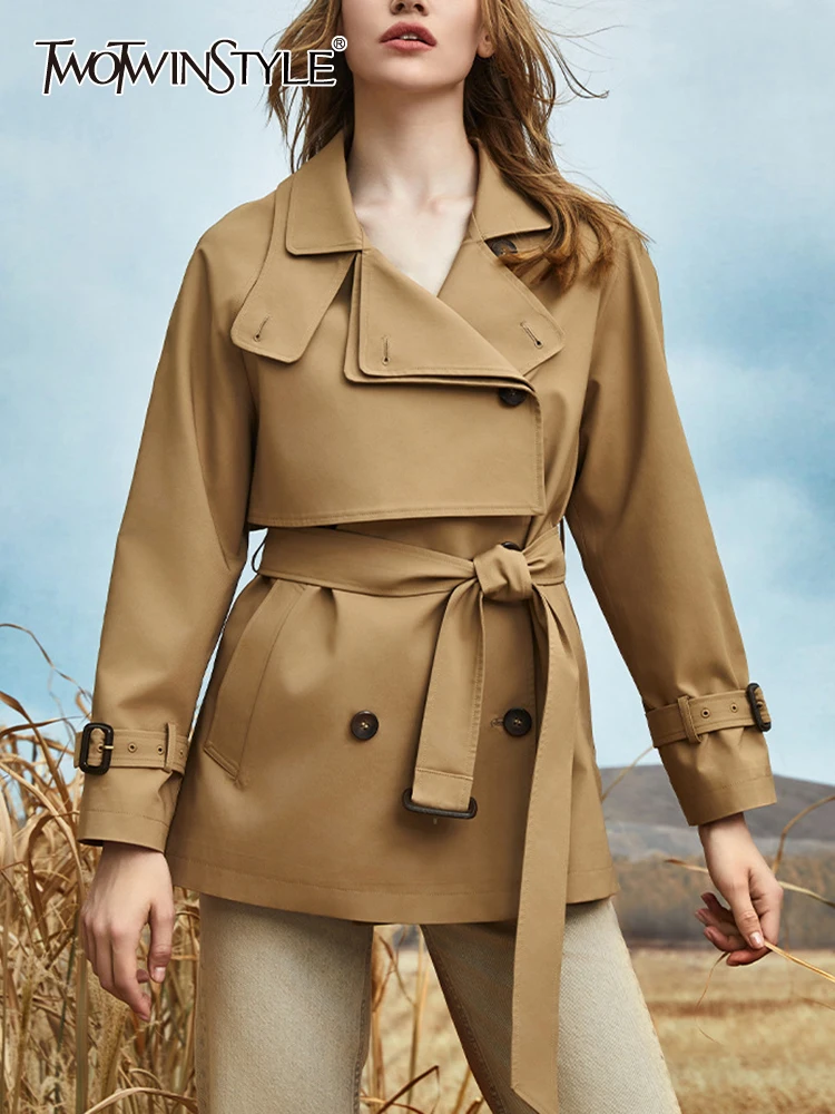 

Женский однотонный Тренч TWOTWINSTYLE, повседневный Тренч с отворотами и длинными рукавами, со шнуровкой,