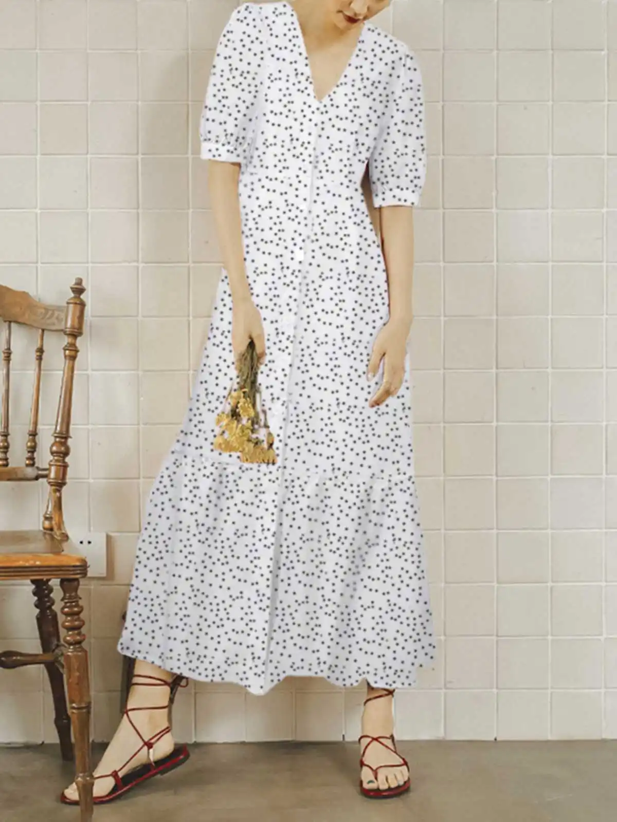 

Богемный французский сарафан в горошек Celmia, элегантное платье-миди с пышными рукавами, пикантное платье с V-образным вырезом и оборками, жен...