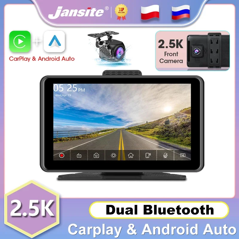 

Jansite 7" Car DVR 2.5K Carplay Android Auto Dash cam 1080P Rear Camera Dashboard Driving Recorder Portable Car Stereo Bluetooth