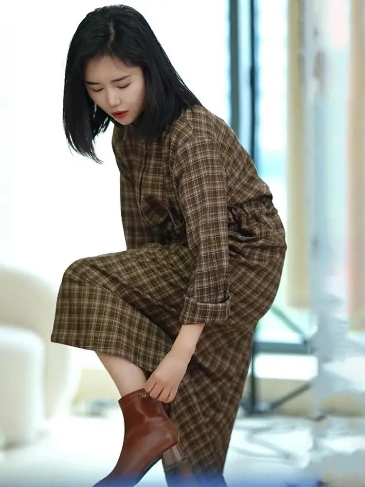 Рубашки Юбки Атмосфера Ретро Клетчатое платье с длинными рукавами