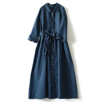 100 linen women turn down collar shirt dress 2022 new autumn japan style lace up single breasted office lady elegant dresses