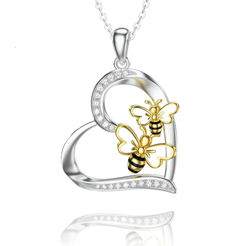 

Bee Mom Bee Baby Pendant Necklace Heart Charm with Rhinestone Necklace Gift for Mom Birthday