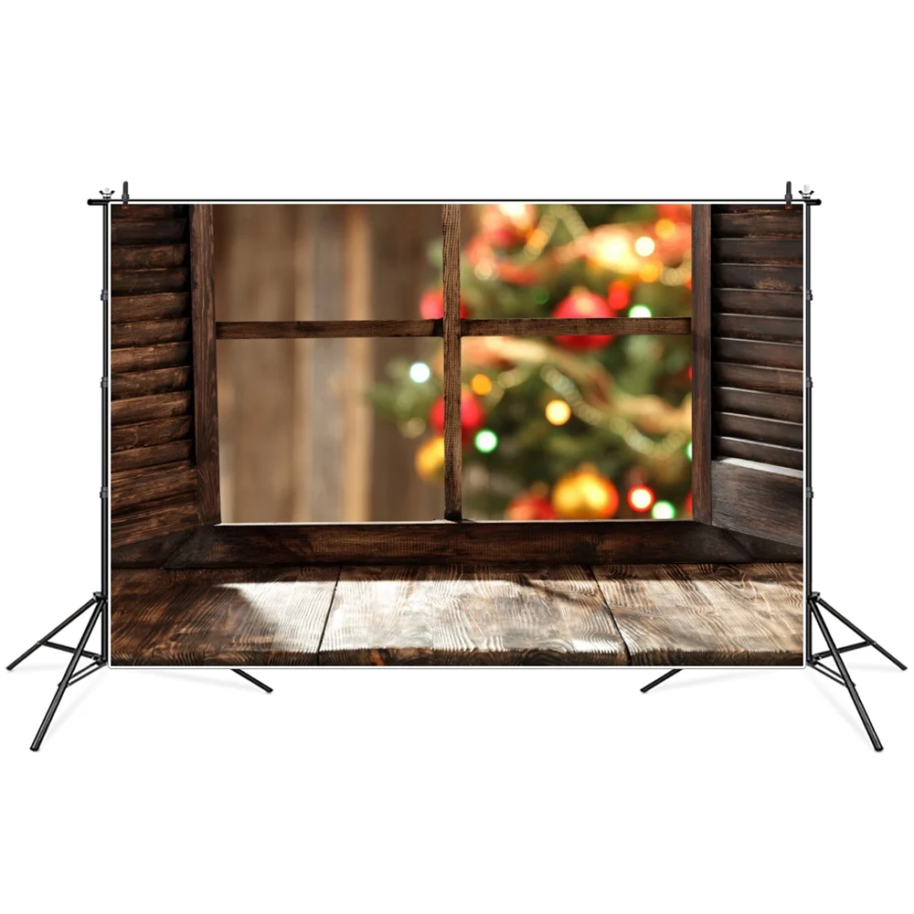 

Wooden Bay Window Christmas Tree Scene Photography Backgrounds Custom Baby Party Decoration Photo Booth Photographic Backdrops