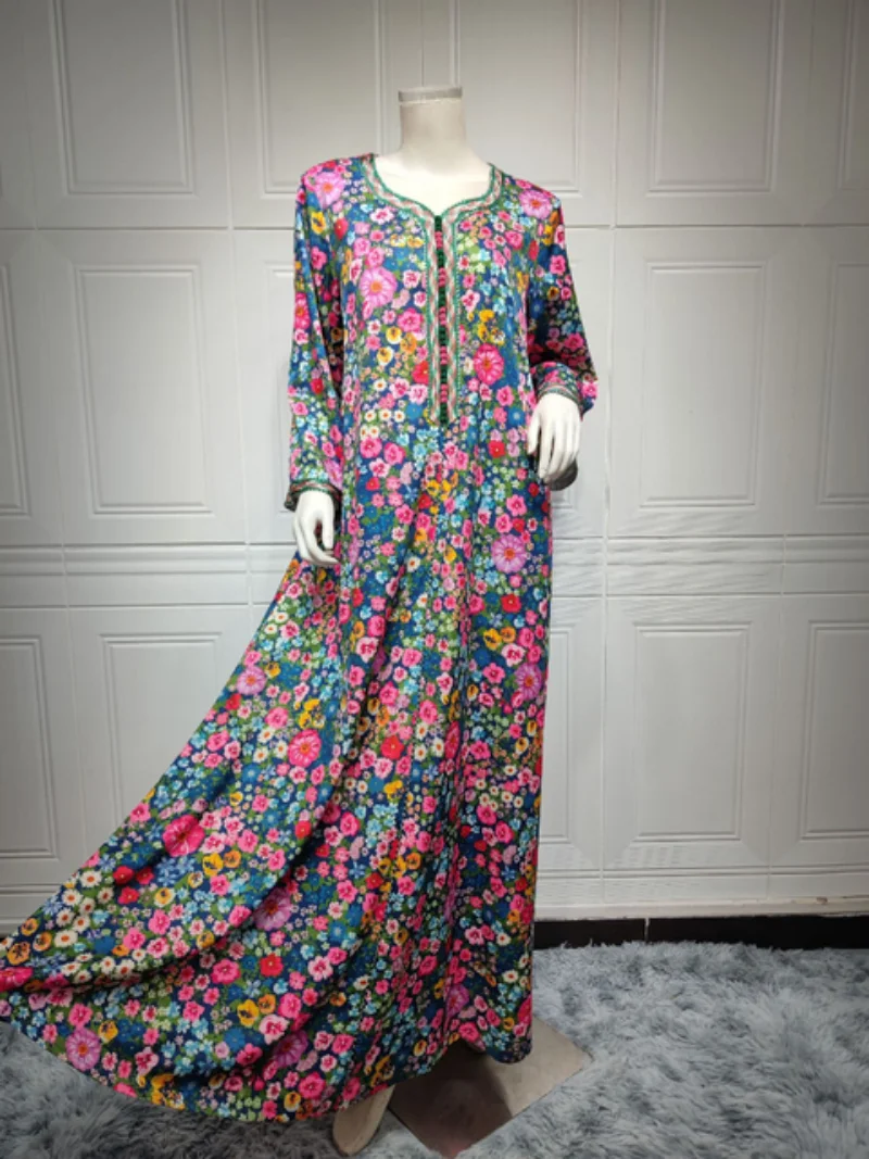 Eid Muslim Women Abaya Morocco Party Dress Abayas Elegant Prayer Floral Long Sleeve Robe Dresses Ramadan Musulman Maxi Vestidos