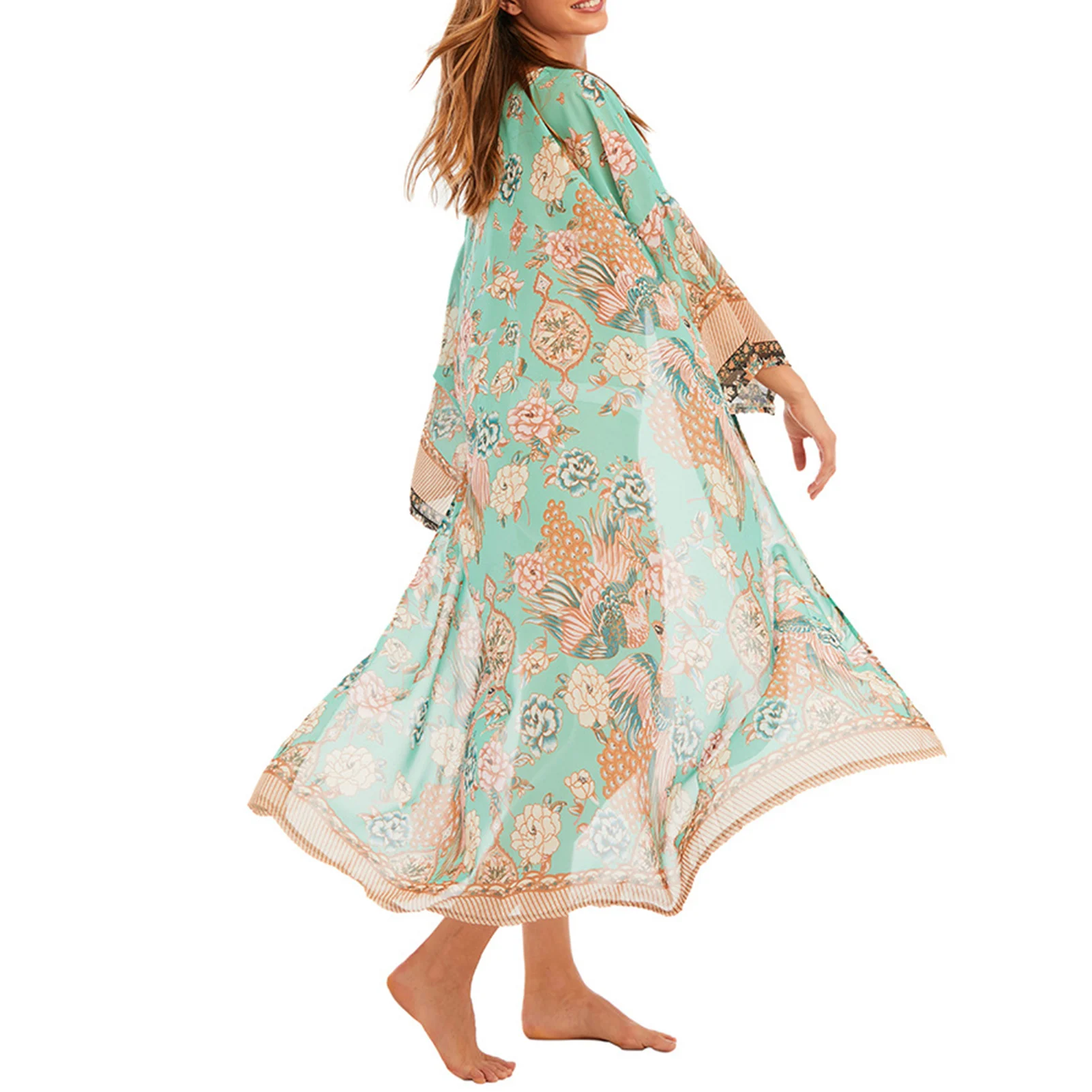 

Women Swimsuit Coverup Summer 3/4 Sleeve Long Polyester Beach Swimwear Portable Washable Quick Dry Sun Protection Bikini Wrap