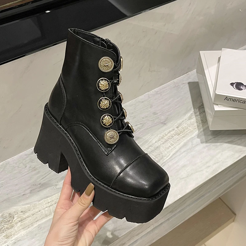 Round Toe Platform Button Cross Elastic Straps Women's Boots Side Zipper Solid Color Black Fashion PU Leather Short Martin Boots