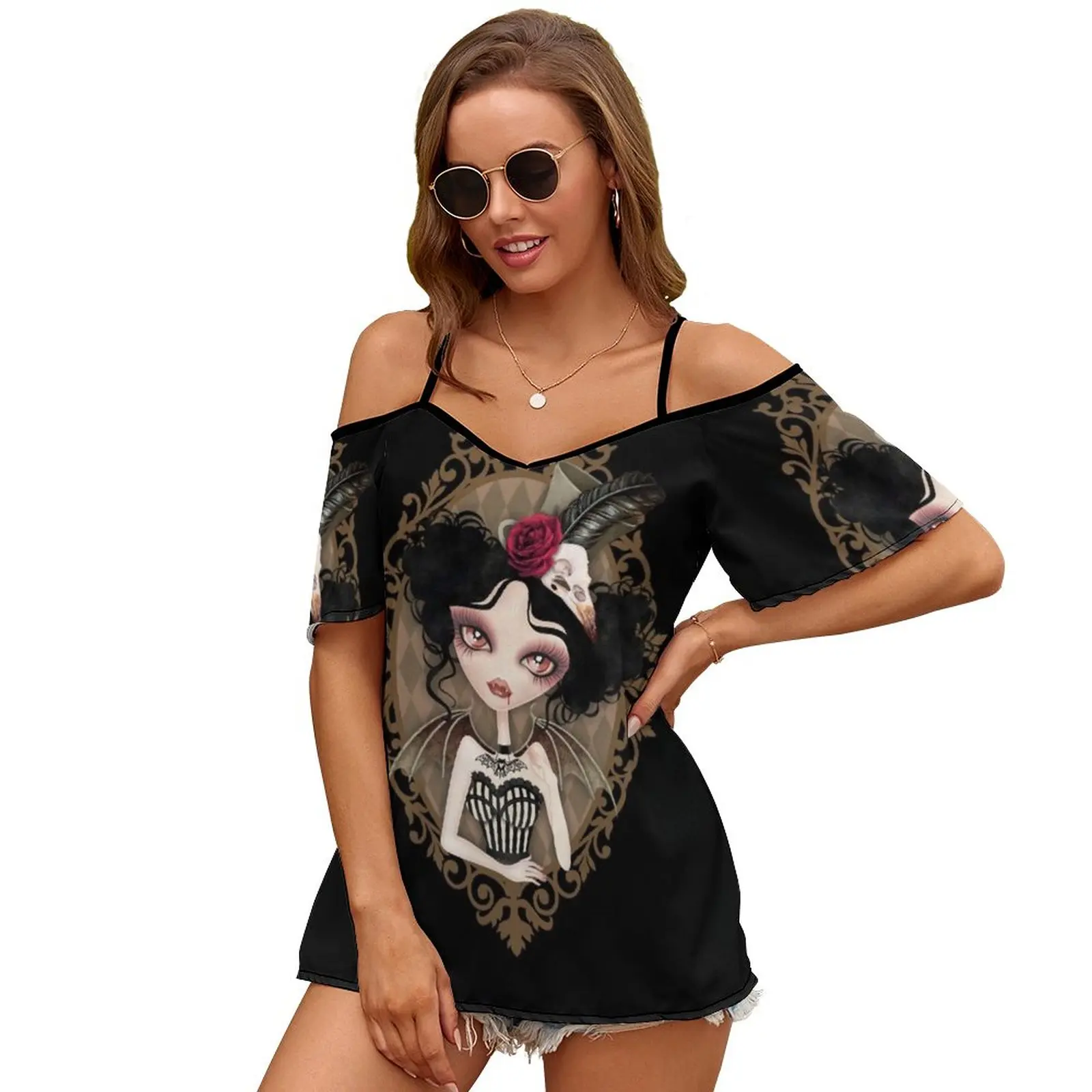 Женская футболка Countess Nocturne новая модная с принтом на молнии и v-образным вырезом