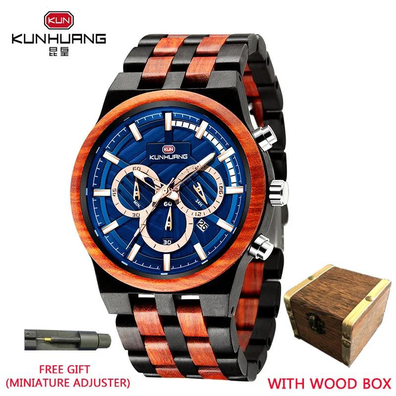 

KUNHUANG New Wooden Watch Men's Luxury Chronograph Ebony Quartz Watch Blue Dial Mineral Glass Mirror Мужские часы wooden box