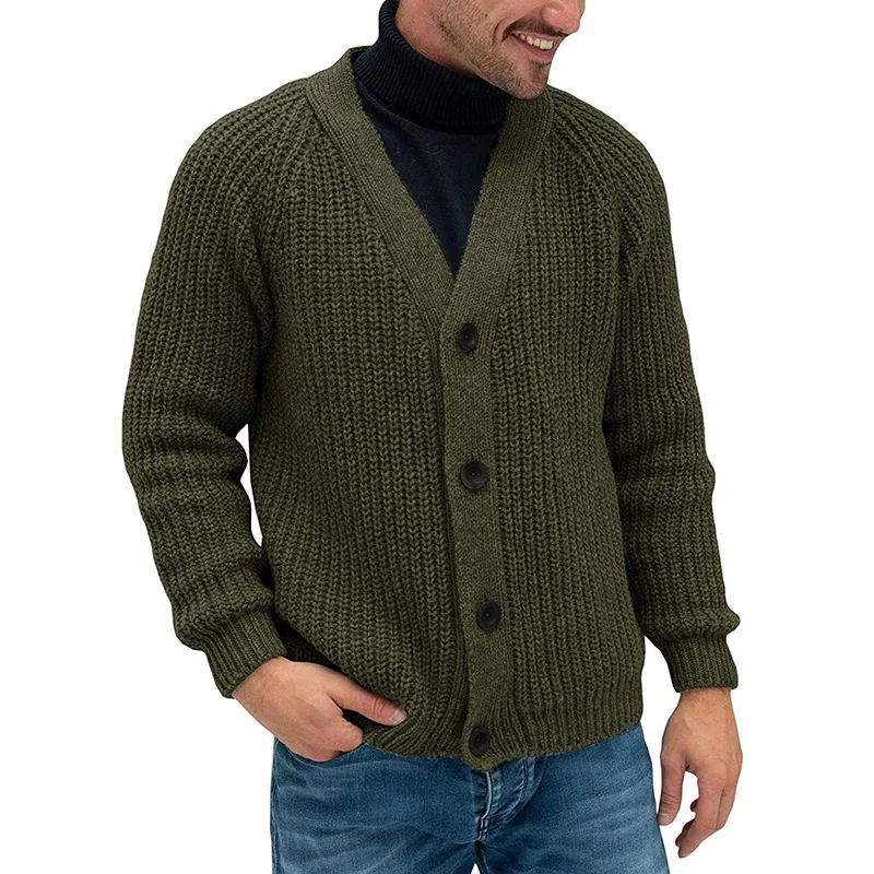 

Men Green Knitted Sweater Long Sleeve V-neck Button Up Knitwear Boys Vintage Winter Cardigan Knit Top Plus Size Xxl