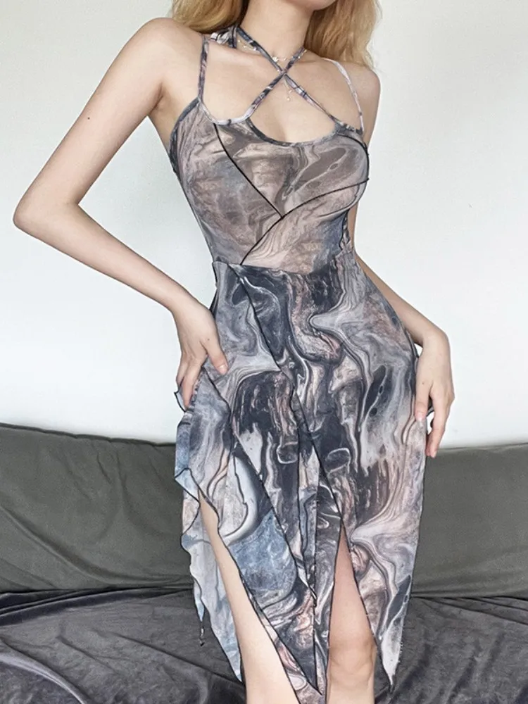 

Elegant Commute Summer Fashion Dress Halter One Shoulder Women Clothes Slim Backless Printed Gauze Network Vestidos De Verano