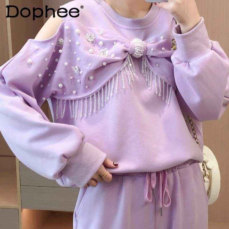 

Женский комплект из двух предметов, розовый свитшот с открытыми плечами и брюки с бантом и бахромой и бисером, весенний спортивный костюм 2022