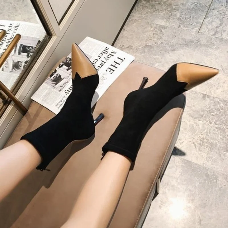 Модные замшевые женские ботильоны с острым носком на высоком каблуке туфли Челси