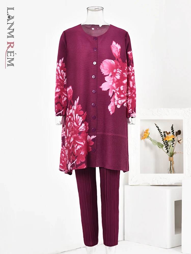 

LANMREM Printed Flower 2 Pieces Sets For Women Long Pleated Shirt Top With Elastic Waist Pants Female Elegant Clothing 2DAa1461