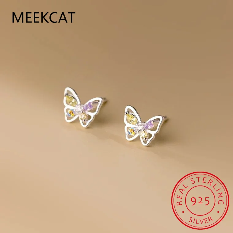 Real 925 Sterling Silver 2022 Colour Shiny CZ Butterfly Stud Earrings For Daughter Girls Fine Jewelry Gift DG0037