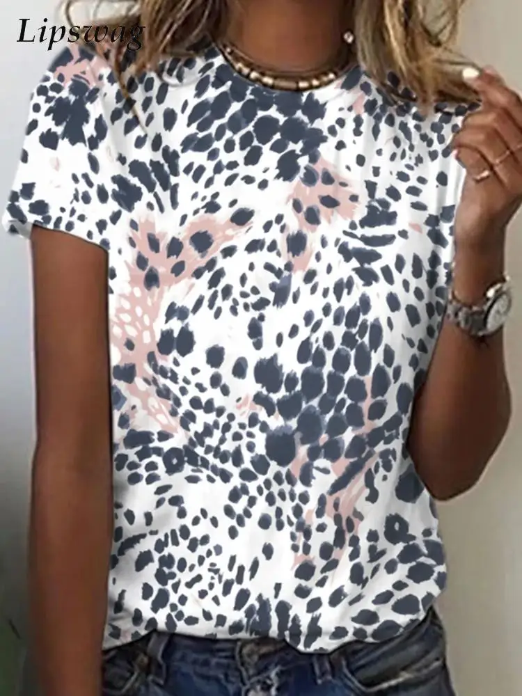 

Блузка женская с круглым вырезом, Модный повседневный Свободный Топ с леопардовым принтом, винтажный пуловер с коротким рукавом, уличная од...