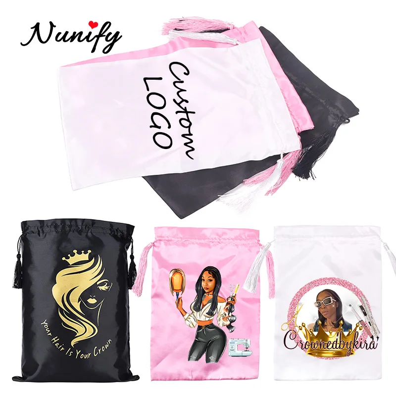 Custom Satin Bags For Packaging Hair With Logo Silk Hair Package With Tassel Drawstring Bag For Wigs Hair Bundles Personalized