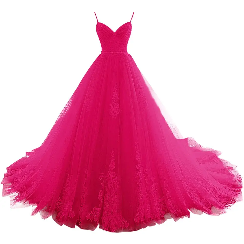 Фото BM Длинные платья Quinceanera с V-образным вырезом Вечерние платья из тюля с аппликациями и складками Принцесса для выпускного вечера Sweet 16, Vestido 15 Anos №3
