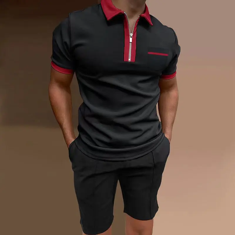 2023 New Men's White Suit Summer Short Sleeve Zipper Polo Shirt And Shorts Suit Fashion Men Two Piece Set