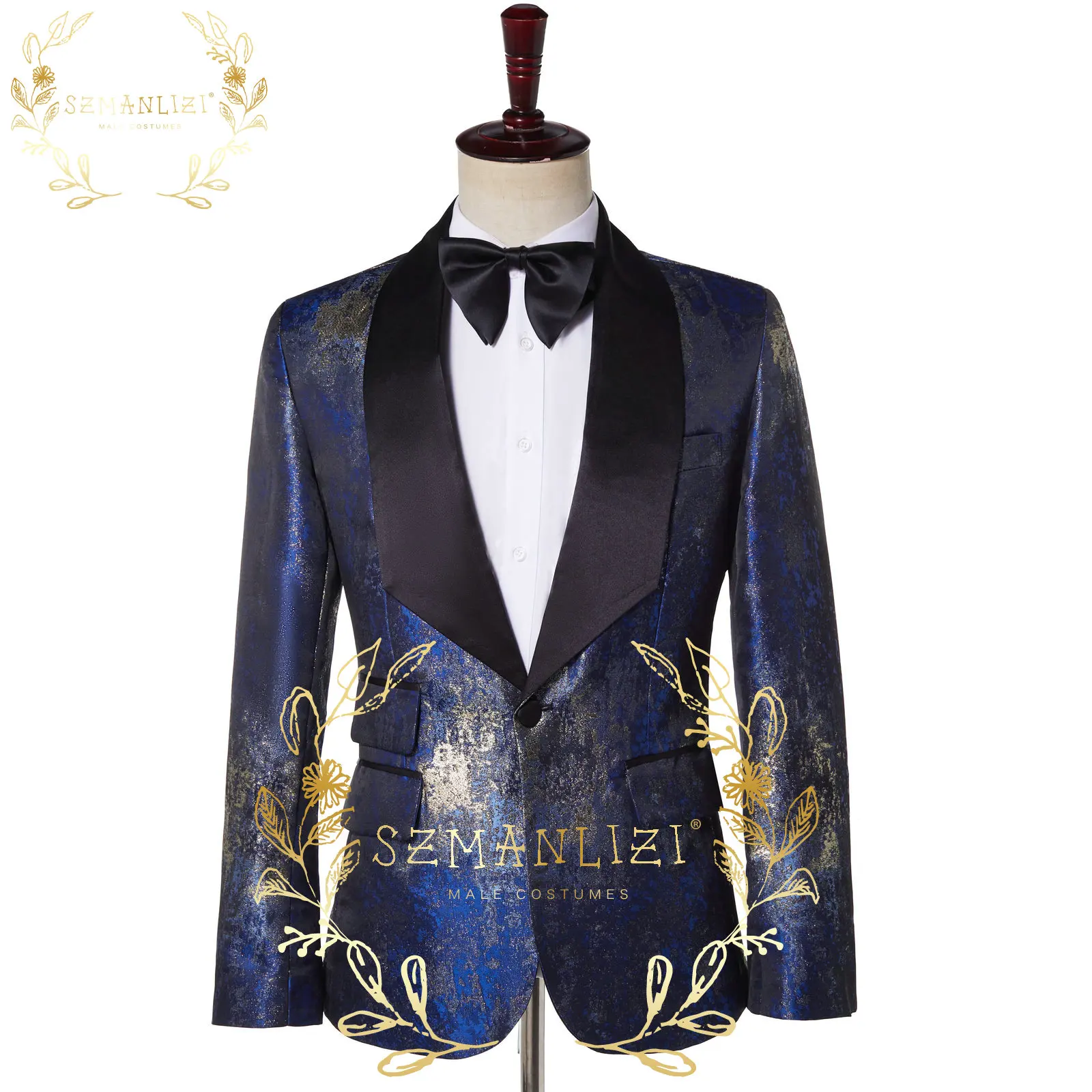 Latest Coat Pant Design 2022 Blue Black 2 Piece Floral Formal Suits For Men Prom Tailor Made Slim Fit  Groom Wedding Suit Tuxedo