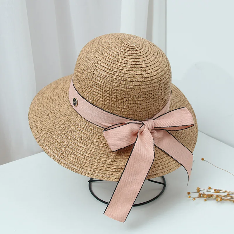 

bow tie Round Flat Top Straw Beach Hat Lady Boater Sun Caps Panama Straw Fedora Women's Travel Sun Cap